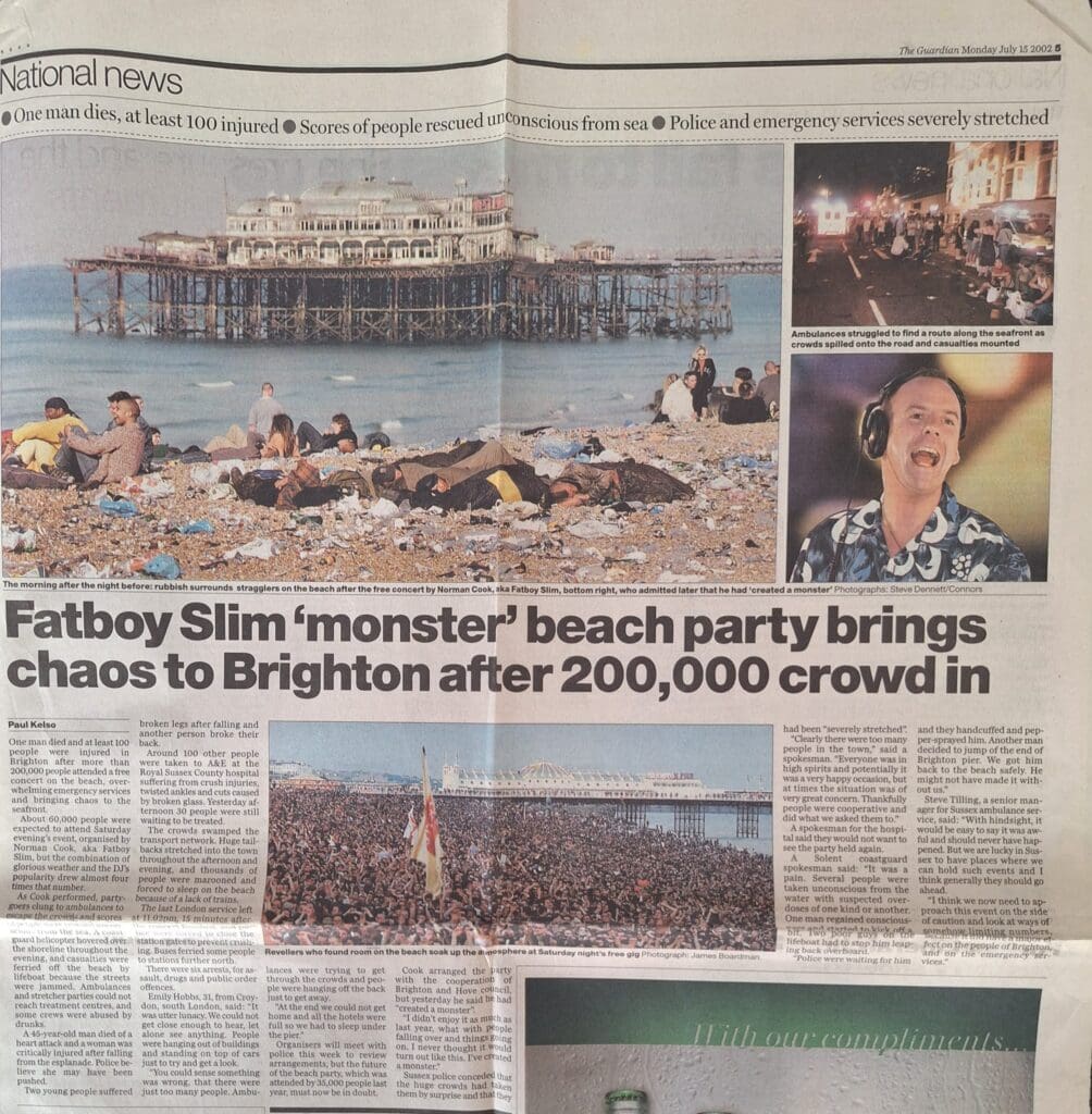 Newspaper headlines the morning after Big Beach Boutique II. Credit: The Guardian.
